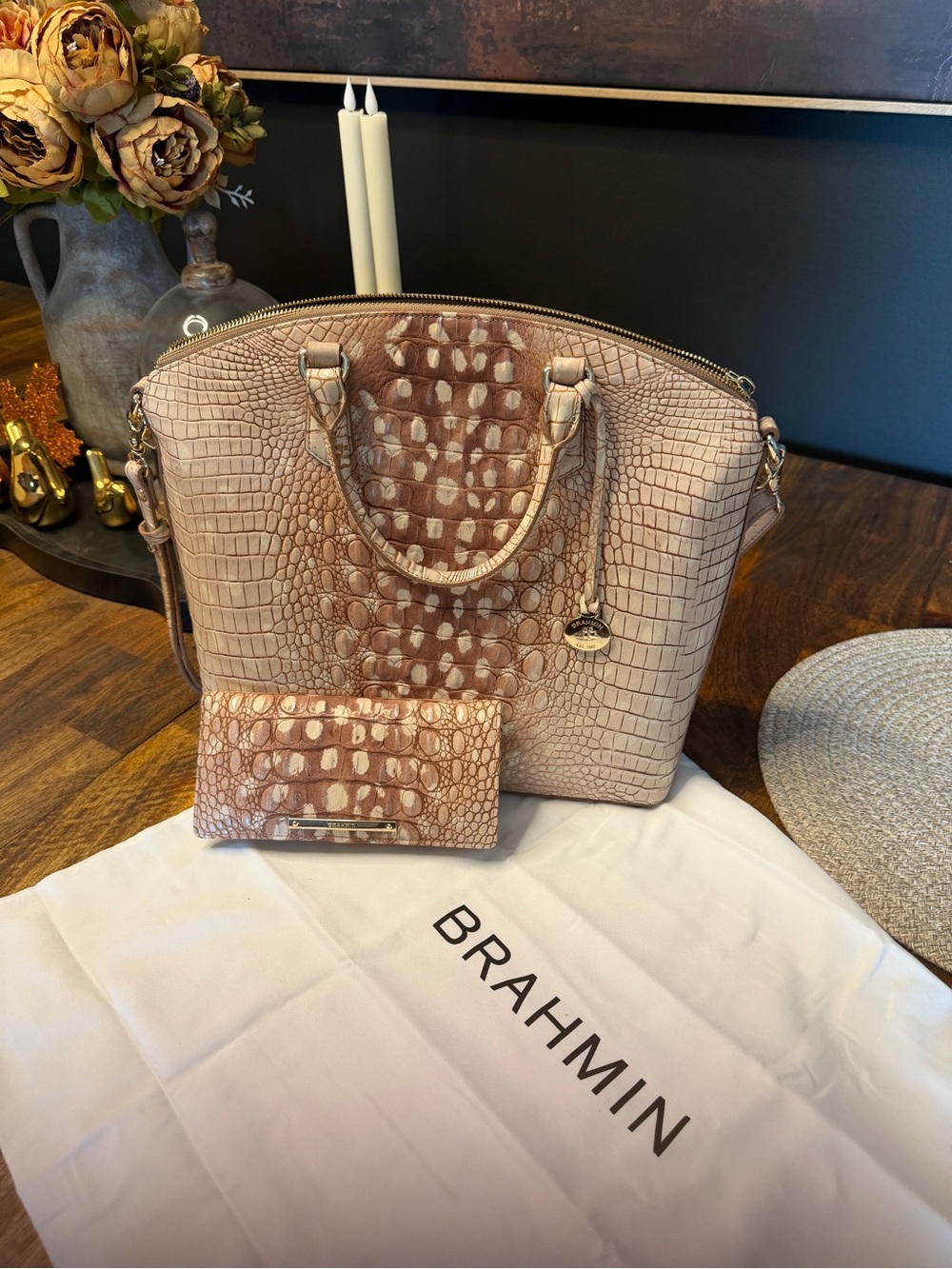 Brahmin Taupe & Beige Croc-Embossed Satchel with Matching Wallet
